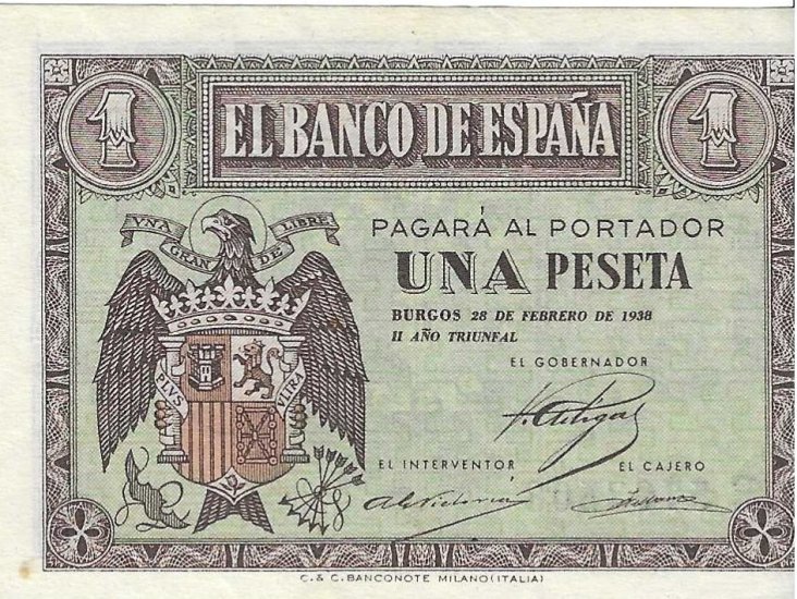 Billetes - EspaÃ±a - Estado EspaÃ±ol (1936 - 1975) - 1 ptas - 431 - EBC+ - 1938 - Num.ref: B5703508 - Click en la imagen para cerrar