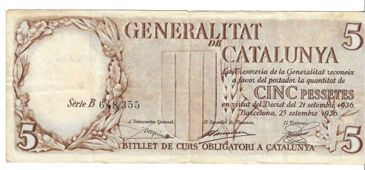 Billetes - EspaÃ±a - II RepÃºblica (1931 - 1939) - Generalitat de Catalunya - 423 - MBC+ - 1936 - 5 pesetas - Num.ref: B648355 - Click en la imagen para cerrar