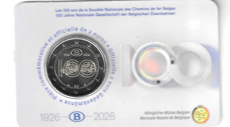 Monedas - Euros - 2€ - Belgica - SC - 2026 - 100 Aniversario Ferrocarril Belgica - Click en la imagen para cerrar