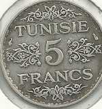 Monedas - Africa - Tunez - 261 - Año 1934 - 5 Francos