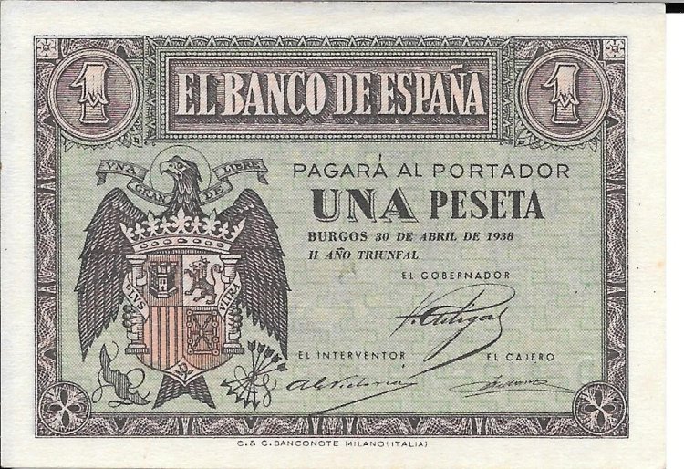Billetes - EspaÃ±a - Estado EspaÃ±ol (1936 - 1975) - 1 ptas - 433 - sc - 1938 - Abril - Num.ref: D8612892 - Click en la imagen para cerrar
