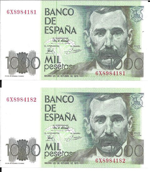 Billetes - EspaÃ±a - Juan Carlos I (1975 - 2014) - 1000 ptas - 524 - sc - 1979 - billetes correlativos - Num.ref: 6X8984181/2 - Click en la imagen para cerrar