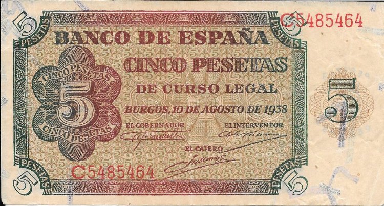 Billetes - EspaÃ±a - Estado EspaÃ±ol (1936 - 1975) - 5 ptas - 454 - mbc+ - 1938 - C5485464 - Click en la imagen para cerrar