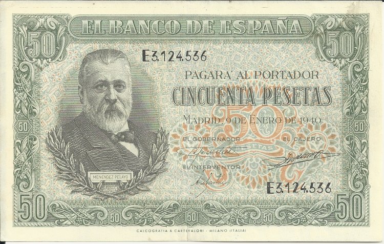 Billetes - España - Estado Español (1936 - 1975) - 50 ptas - 481 - EBC - Año 1940 - num ref: E3124536 - Click en la imagen para cerrar