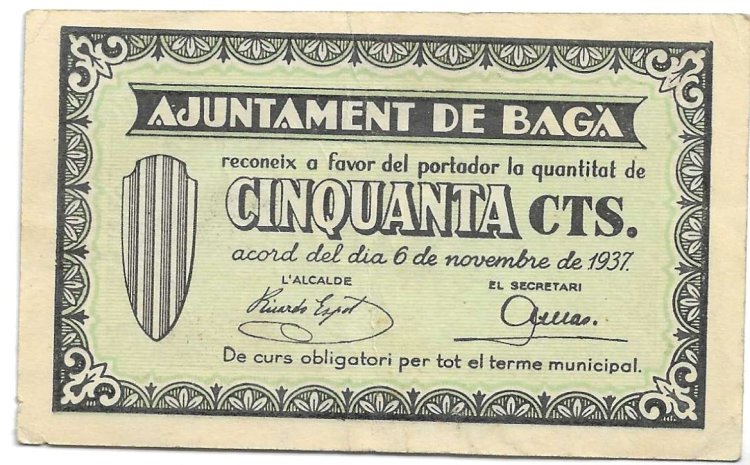 Billetes - EspaÃ±a - II RepÃºblica (1931 - 1939) - Locales - CataluÃ±a - 260 - EBC+ - 1937 - Baga - 50 Cts - num ref:4908 - Click en la imagen para cerrar