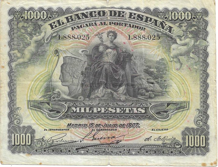 Billetes - EspaÃ±a - Alfonso XIII (1886 - 1931) - 334 - mbc - 1907 - 1000 pesetas - Num.ref: 1888025 - Click en la imagen para cerrar