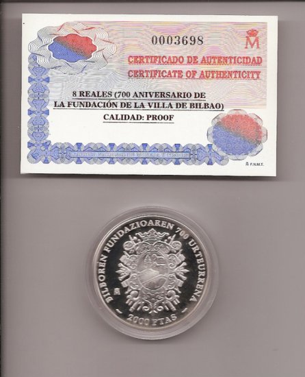 España - Juan Carlos I (pesetas) - Estuches oficiales - Año 2000 - 700 aniv. Fundación villa de Bilbao - 2000 pesetas - Click en la imagen para cerrar