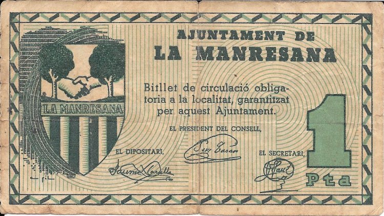 Billetes - EspaÃ±a - II RepÃºblica (1931 - 1939) - Locales - CataluÃ±a - 1426 - bc+ - 1937 - La Manresana - peseta - Num.ref: 1009 - Click en la imagen para cerrar