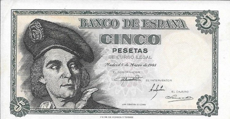 Billetes - EspaÃ±a - Estado EspaÃ±ol (1936 - 1975) - 5 ptas - 464 - ebs - 1948 - Num.ref: 02988937 - Sin serie - Click en la imagen para cerrar