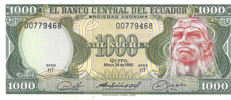 Billetes - America - Ecuador - 120B - SC - 1980 - 1000 sucres - Num.ref: 00779468 - Click en la imagen para cerrar