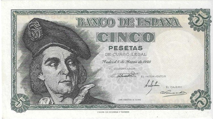 Billetes - EspaÃ±a - Estado EspaÃ±ol (1936 - 1975) - 5 ptas - 464 - SC - 1948 - Num.ref: 0269347 sin serie - Click en la imagen para cerrar