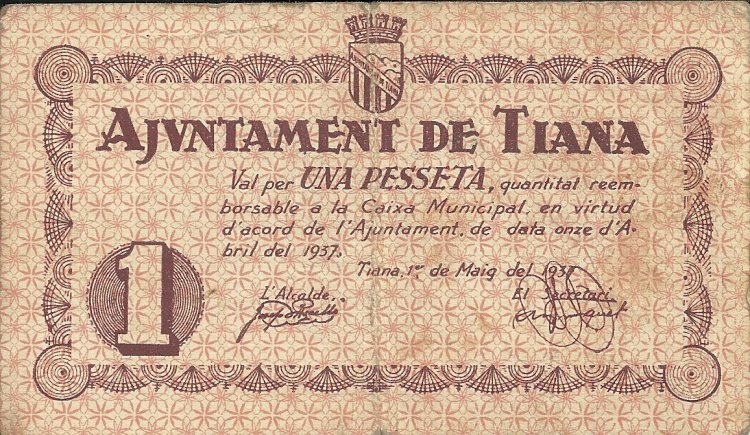 Billetes - España - II República (1931 - 1939) - Locales - Cataluña - mbc - Tiana - Año 1937 - ref: 01137 - 1 peseta - Click en la imagen para cerrar