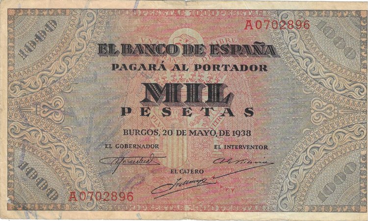 Billetes - EspaÃ±a - Estado EspaÃ±ol (1936 - 1975) - 1000 ptas - 499 - MBC+ - 1938 - Num.ref: A0702896 - Click en la imagen para cerrar