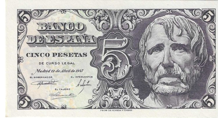Billetes - EspaÃ±a - Estado EspaÃ±ol (1936 - 1975) - 5 ptas - 462 - SC - 1947 - Num.ref: E1464415 - Click en la imagen para cerrar