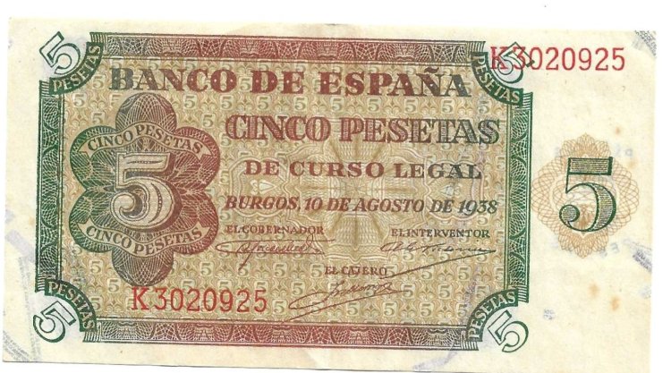 Billetes - EspaÃ±a - Estado EspaÃ±ol (1936 - 1975) - 5 ptas - 454 - mbc+ - 1938 - 5 pesetas - Num.ref: K3020925 - Click en la imagen para cerrar