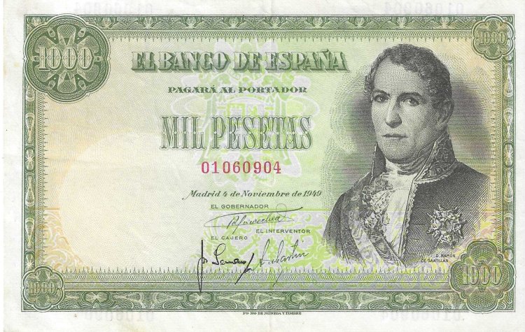Billetes - EspaÃ±a - Estado EspaÃ±ol (1936 - 1975) - 1000 ptas - 514 - MBC+ - 1949 - Num.ref: 01060904 - Click en la imagen para cerrar
