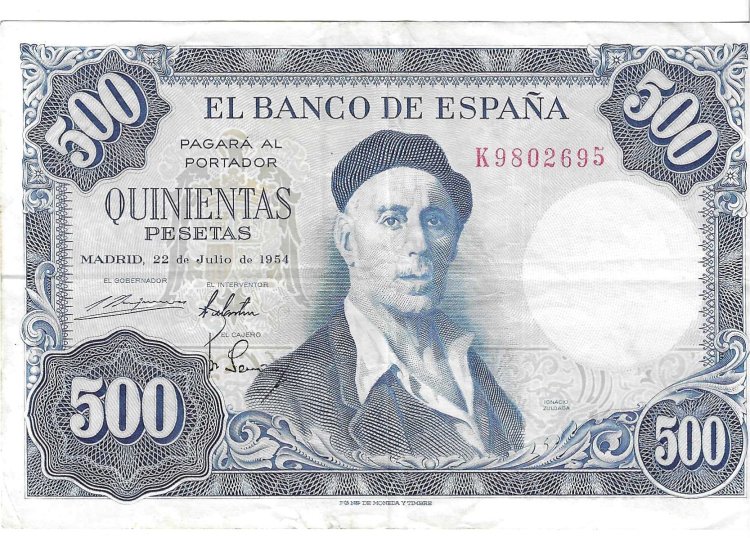 Billetes - EspaÃ±a - Estado EspaÃ±ol (1936 - 1975) - 500 ptas - 506 - MBC+ - 1954 - Num.ref: K9802695 - Click en la imagen para cerrar