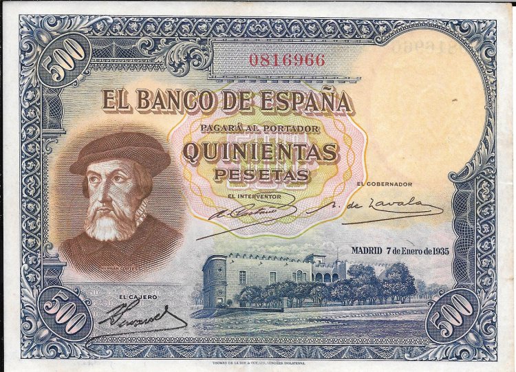 Billetes - EspaÃ±a - II RepÃºblica (1931 - 1939) - Banco de EspaÃ±a - 365 - mbc+ - 1935 - 500 pesetas - Num.ref: 0816966 - Click en la imagen para cerrar