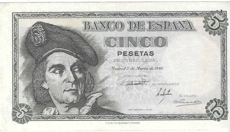 Billetes - EspaÃ±a - Estado EspaÃ±ol (1936 - 1975) - 5 ptas - 465 - SC - 1948 - Num.ref: J09589117 - Click en la imagen para cerrar