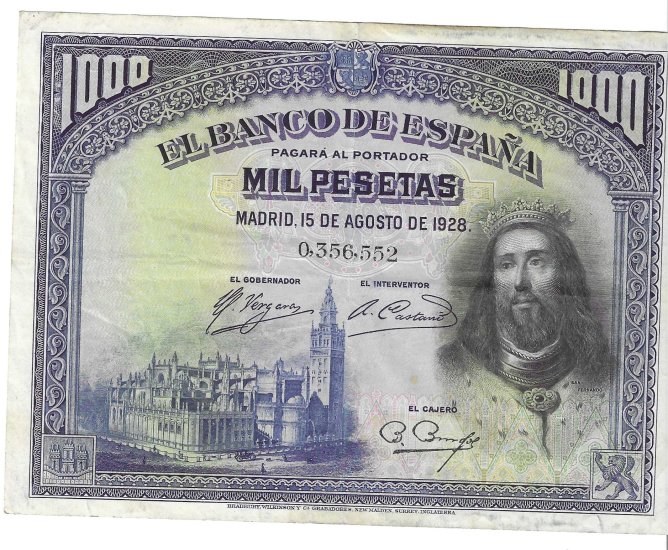 Billetes - EspaÃ±a - Alfonso XIII (1886 - 1931) - 373 - MBC- - 1928 - 1000 ptas - Num.ref: 0356552 - Click en la imagen para cerrar