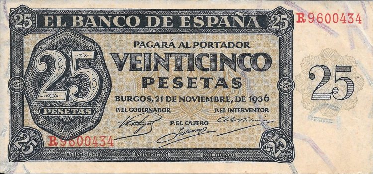Billetes - EspaÃ±a - Estado EspaÃ±ol (1936 - 1975) - 25 ptas - 472 - mbc+ - 1936 - Num.ref: R9600434 - Click en la imagen para cerrar