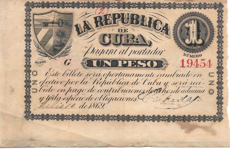 Billetes - America - Cuba - 55 - MBC+ - Año 1869 - 1 Peso - num ref: 19454 - Click en la imagen para cerrar