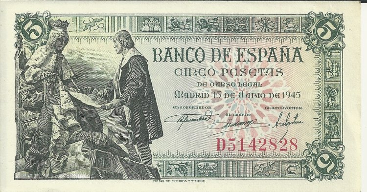 Billetes - España - Estado Español (1936 - 1975) - 5 ptas - 461 - ebc - 15/6/1945 - ref.D5142828 - Click en la imagen para cerrar