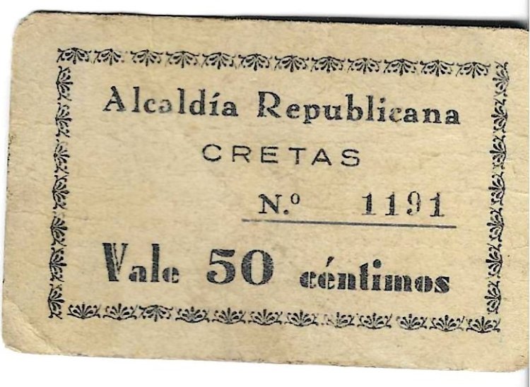 Monedas - Fichas Cooperativas y vales - - Cretas - Teruel - Alcaldia Napolatina - 50 ct - Click en la imagen para cerrar