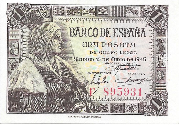 Billetes - EspaÃ±a - Estado EspaÃ±ol (1936 - 1975) - 1 ptas - 441 - S/C - 1945 - num ref:F895931 - Click en la imagen para cerrar