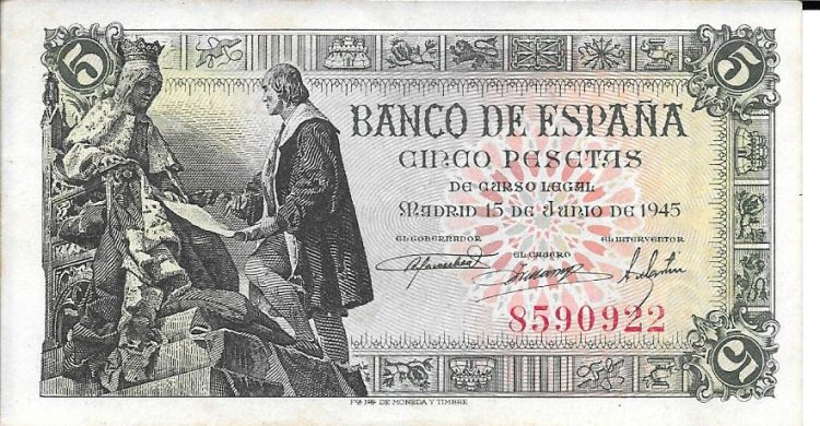 Billetes - EspaÃ±a - Estado EspaÃ±ol (1936 - 1975) - 5 ptas - 460 - ebc+ - 1945 - 5 pts - num. ref: 85909222 - Click en la imagen para cerrar