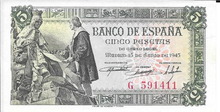 Billetes - España - Estado Español (1936 - 1975) - 5 ptas - 467 - S/C - Año 1945 - num ref: G591411 - Click en la imagen para cerrar