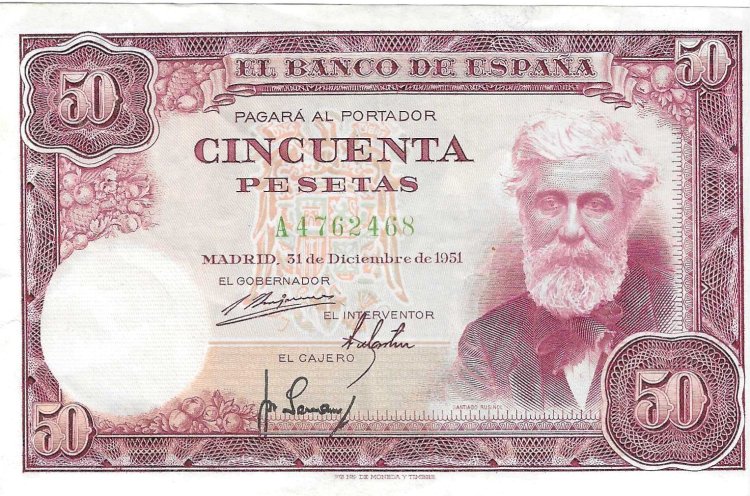 Billetes - EspaÃ±a - Estado EspaÃ±ol (1936 - 1975) - 50 ptas - 483 - EBC - 1951 - Num.ref: A4762468 - Click en la imagen para cerrar