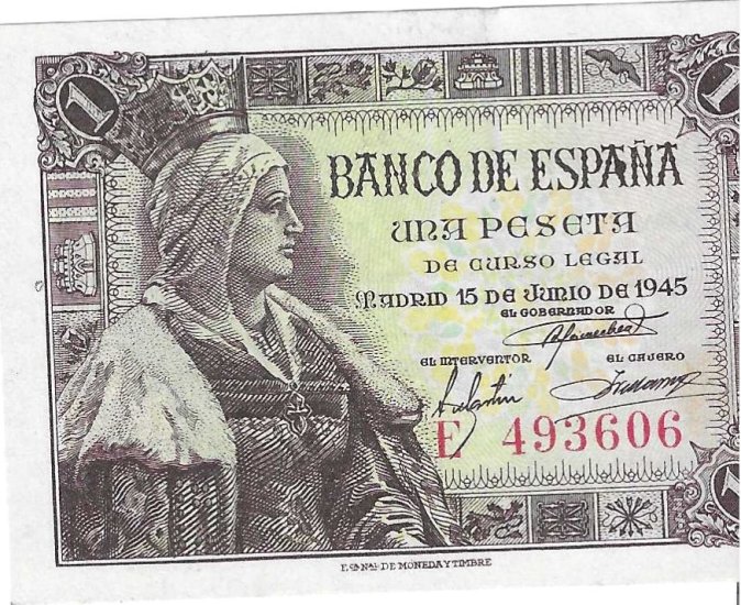 Billetes - EspaÃ±a - Estado EspaÃ±ol (1936 - 1975) - 1 ptas - 441 - SC - 1945 - Num.ref: E49360697 - Click en la imagen para cerrar