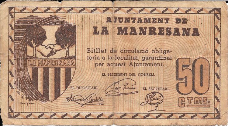 Billetes - EspaÃ±a - II RepÃºblica (1931 - 1939) - Locales - CataluÃ±a - 1427 - bc+ - 1937 - La Manresana - peseta - Num.ref: 1126 - Click en la imagen para cerrar