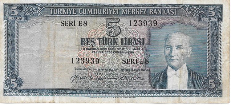 Billetes - Europa - Turquia - 155 - BC+ - Año 1959 - 5 Liras - num ref: 123939 - Click en la imagen para cerrar