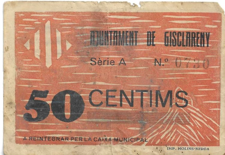 Billetes - EspaÃ±a - II RepÃºblica (1931 - 1939) - Locales - CataluÃ±a - 730 - 1937 - Gisclareny - 50 Ct - num ref:0730 - Click en la imagen para cerrar
