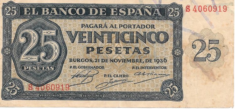 Billetes - EspaÃ±a - Estado EspaÃ±ol (1936 - 1975) - 25 ptas - 472 - MBC+ - 1936 - num ref:S4060919 - Click en la imagen para cerrar