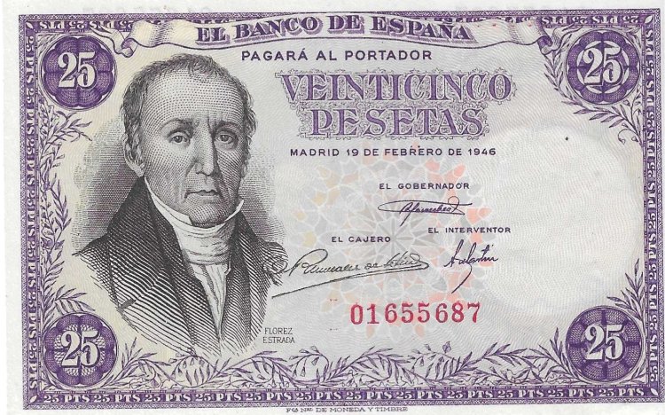 Billetes - EspaÃ±a - Estado EspaÃ±ol (1936 - 1975) - 25 ptas - 475 - EBC+ - 1946 - Num.ref: O1655687 - sin serie - Click en la imagen para cerrar