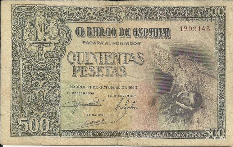 Billetes - España - Estado Español (1936 - 1975) - 500 ptas - 501 - MBC+ - Año 1940 (21/10/1940) - num ref: 1299143 - Click en la imagen para cerrar