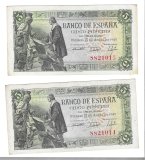Billetes - EspaÃ±a - Estado EspaÃ±ol (1936 - 1975) - 5 ptas - 461 - MBC+ - 1945 - Pareja correlativa - Num.ref: 8821015-8821014 - sin serie