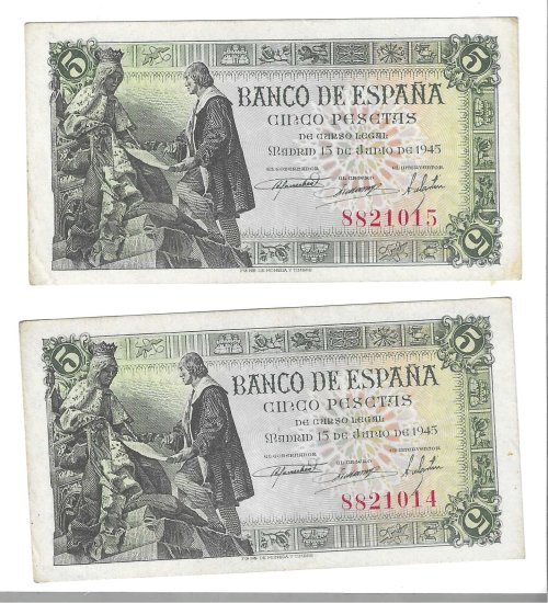 Billetes - EspaÃ±a - Estado EspaÃ±ol (1936 - 1975) - 5 ptas - 461 - MBC+ - 1945 - Pareja correlativa - Num.ref: 8821015-8821014 - sin serie - Click en la imagen para cerrar