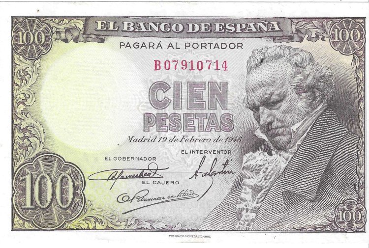 Billetes - EspaÃ±a - Estado EspaÃ±ol (1936 - 1975) - 100 ptas - 490 - SC- - 1946 - Num.ref: B07910714 - Click en la imagen para cerrar