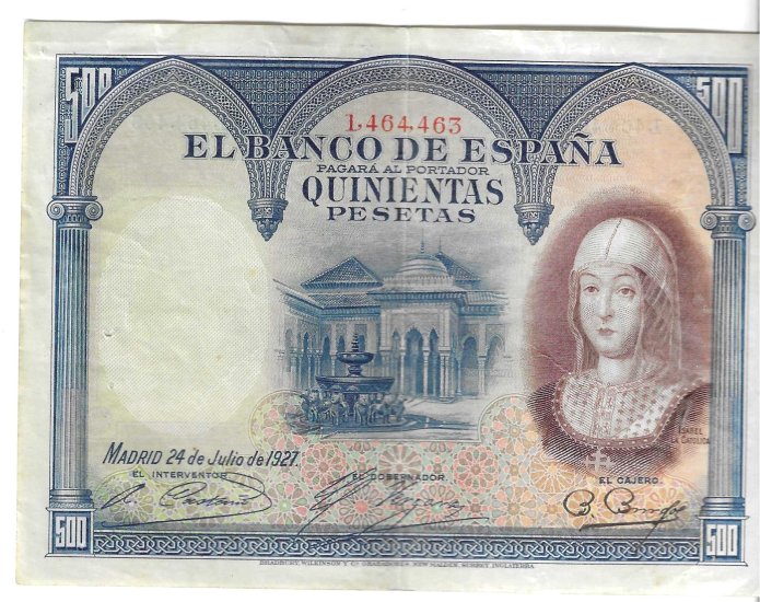 Billetes - EspaÃ±a - Alfonso XIII (1886 - 1931) - 363 - MBC- - 1927 - 500 ptas - Num.ref: L464463 - Click en la imagen para cerrar