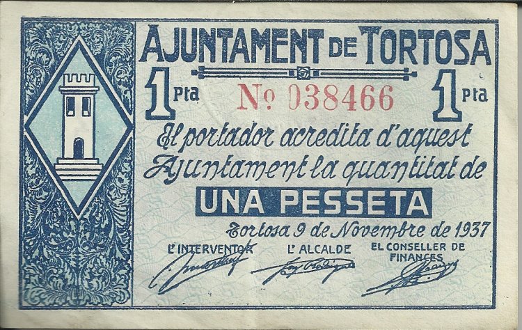 Billetes - España - II República (1931 - 1939) - Locales - Cataluña - EBC- - Tortosa - Año 1937 - Nº 038466 - 1 Pta - Click en la imagen para cerrar