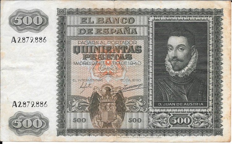 Billetes - España - Estado Español (1936 - 1975) - 500 ptas - 500 - MBC- - Año 1940 - Enero - num ref: A2879886 - Click en la imagen para cerrar