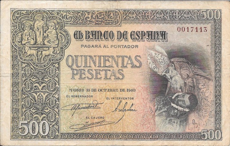Billetes - EspaÃ±a - Estado EspaÃ±ol (1936 - 1975) - 500 ptas - 501 - mbc- - 1940 - Num.ref: 0017113 - Click en la imagen para cerrar