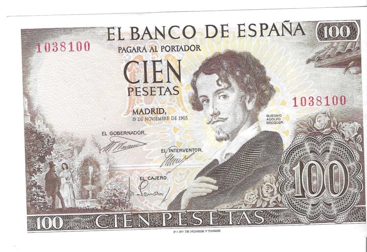 Billetes - EspaÃ±a - Estado EspaÃ±ol (1936 - 1975) - 100 ptas - 493 - SC - 1965 - Num.ref: 038100 sin serie - Click en la imagen para cerrar