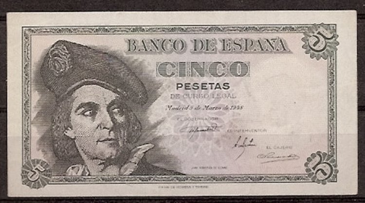 Estado Español (1936 - 1975) - 5 ptas - 465 - ebc - 5/3/1948 - ref.J07388051 - Click en la imagen para cerrar