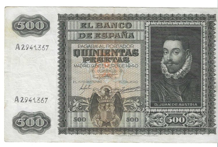 Billetes - EspaÃ±a - Estado EspaÃ±ol (1936 - 1975) - 500 ptas - 500 - MBC - 1940 - Num.ref: A2941367 - Click en la imagen para cerrar