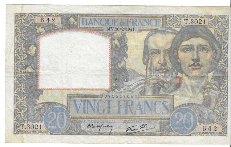 Billetes - Europa - Francia - 92B - MBC+ - 1941 - 20 nuevos francos - Num.ref: T3021 - Click en la imagen para cerrar